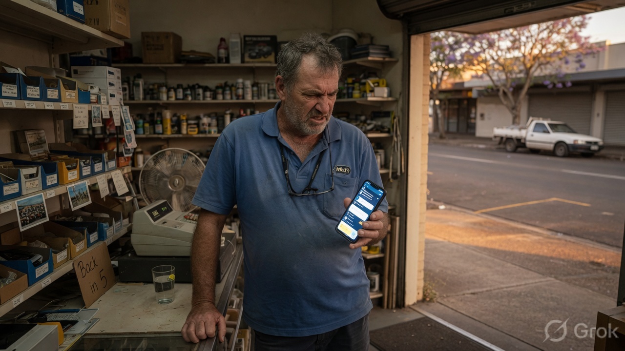 An Australian shop owner looking at a phone while the storefront stays quiet
