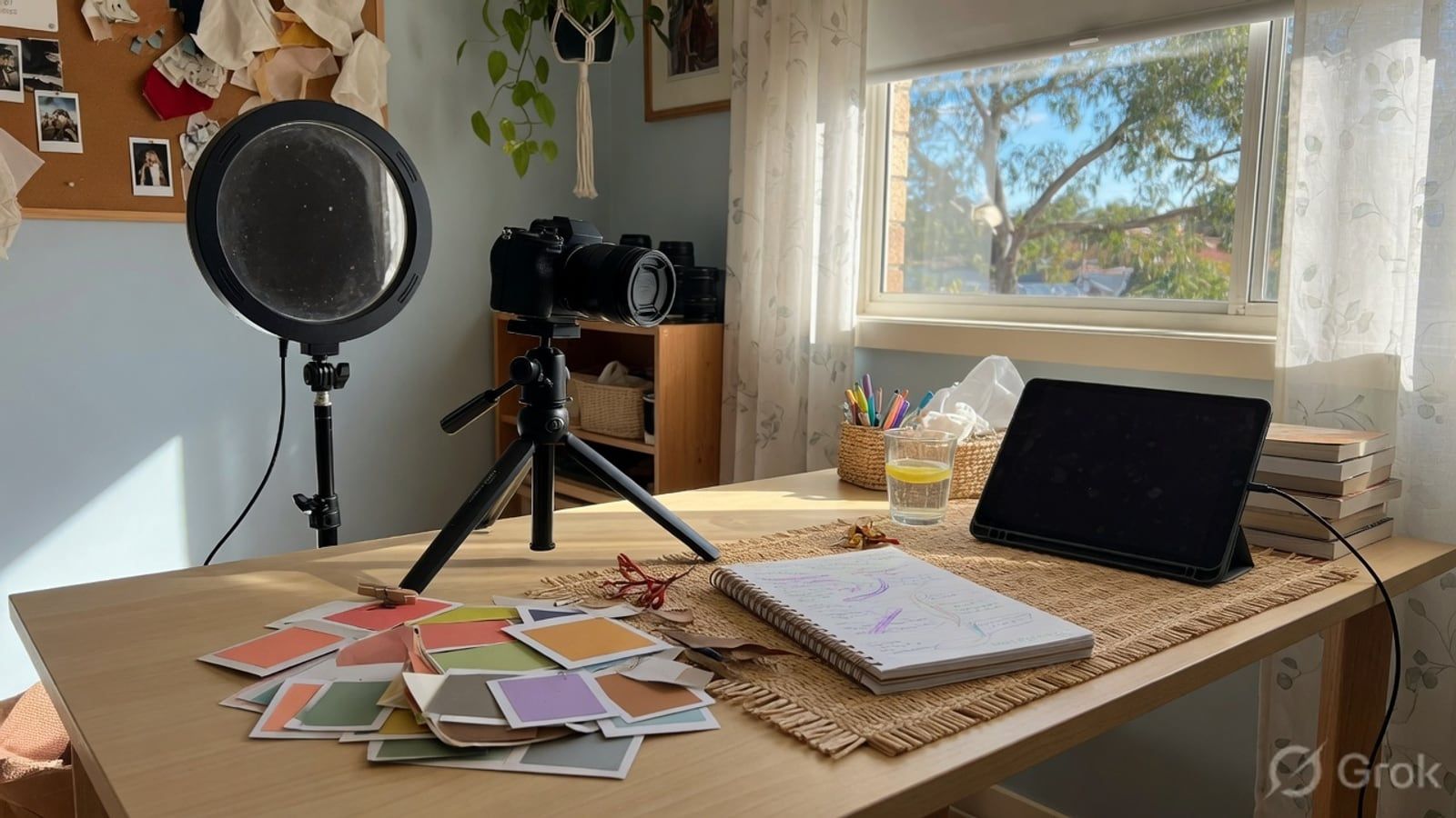 Camera, tablet and colour swatches on an Australian desk