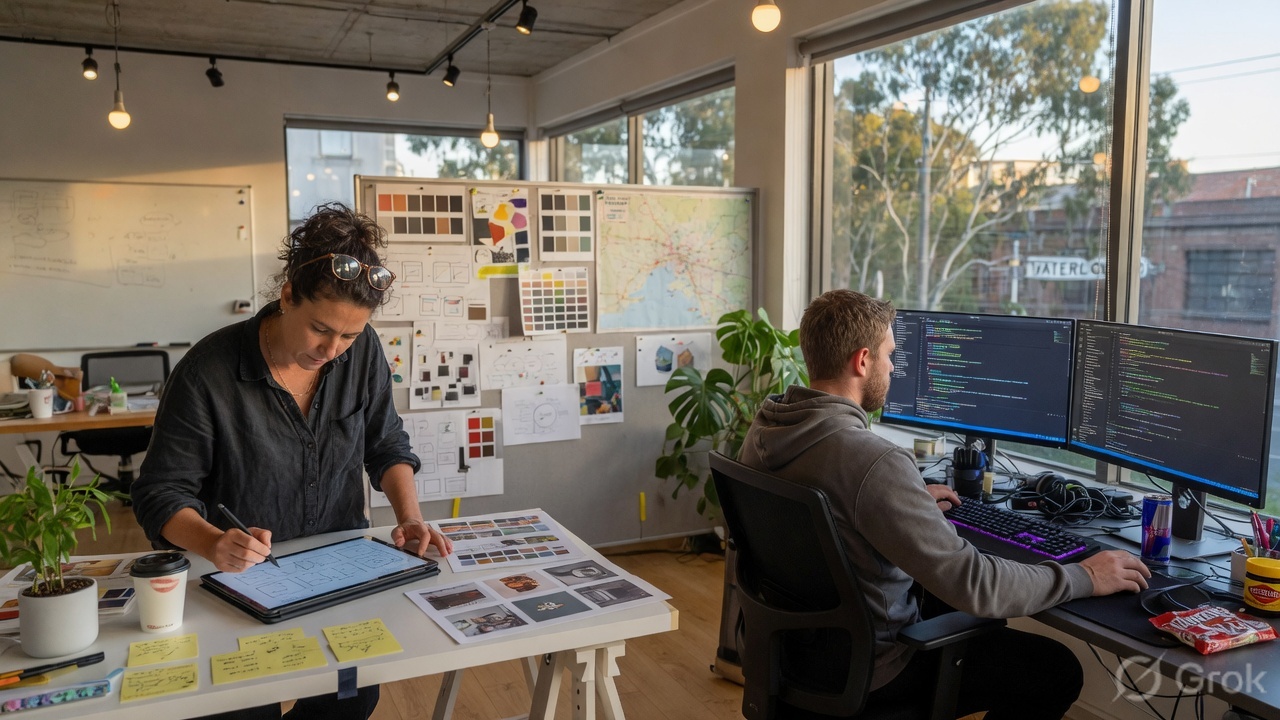 A designer with a tablet and a developer at a workstation in an Australian studio