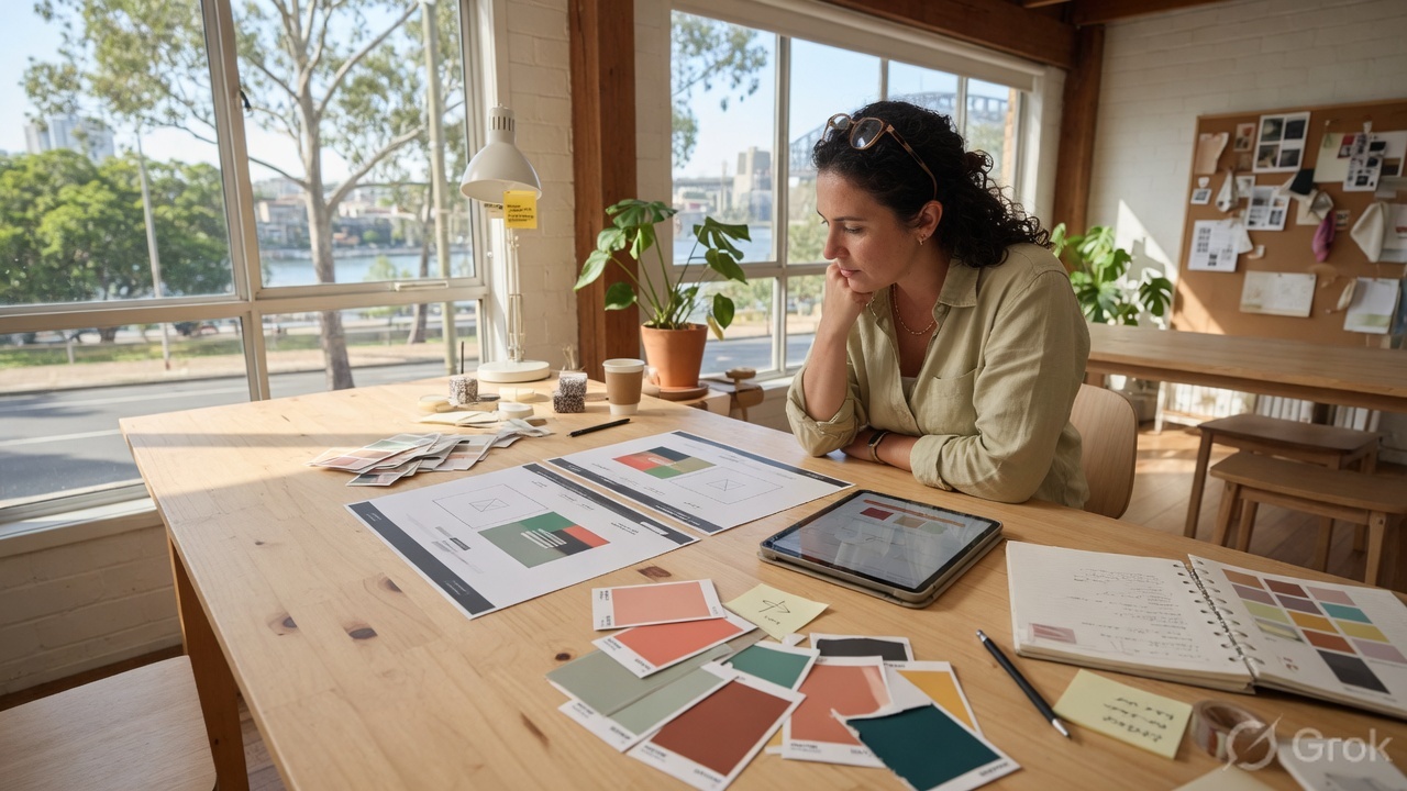 A designer reviewing printed website mockups on a timber table