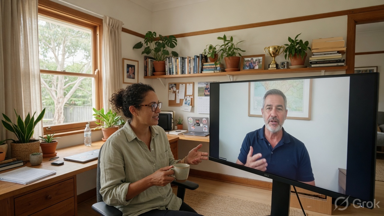 An Australian business owner on a video call with a specialist
