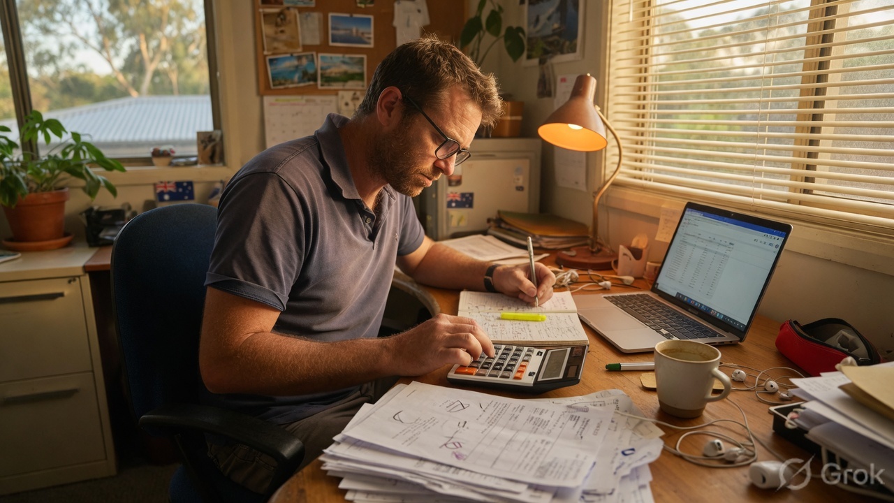 An Australian freelancer at a desk with a calculator and laptop