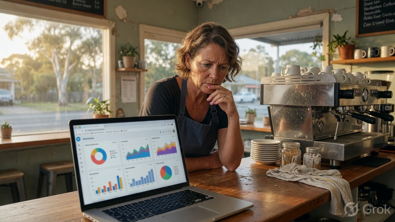 An Australian cafe owner reviewing an ads dashboard on a laptop at the counter