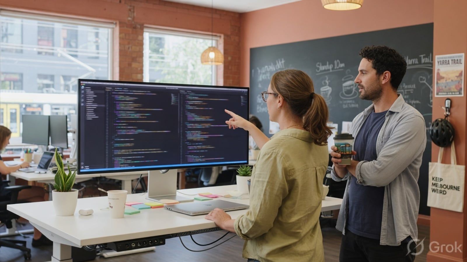 Australian developers reviewing a site build on a large monitor