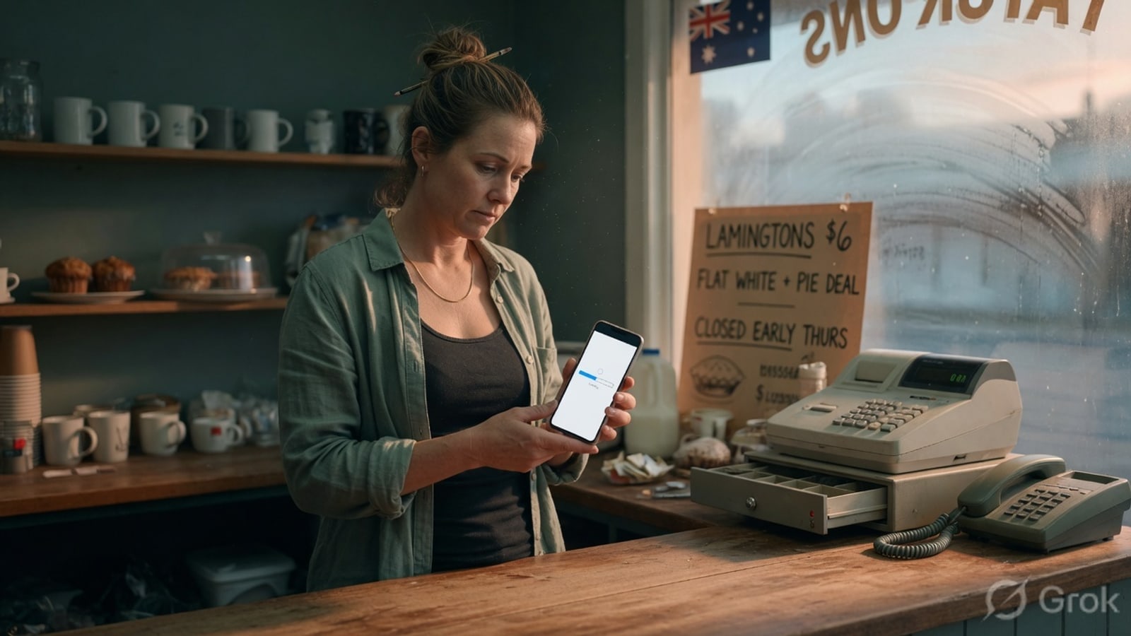 An Australian small-business owner checking a slowly loading website on their phone while the till stays empty