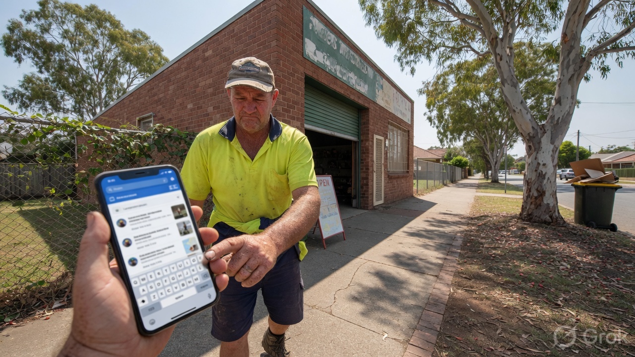 An Australian tradie outside a shop checking search results on a phone