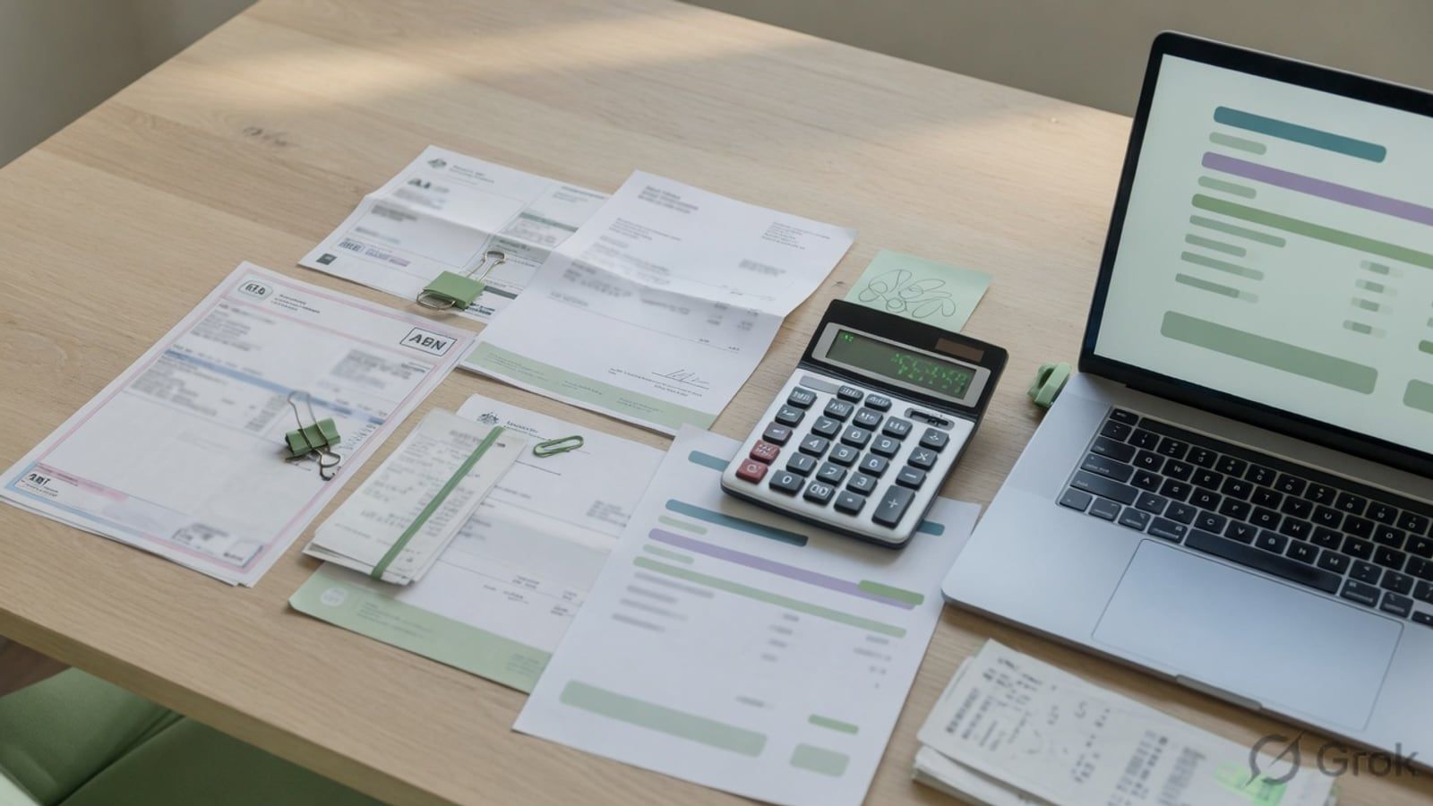 Australian pricing notes and a laptop on a timber desk