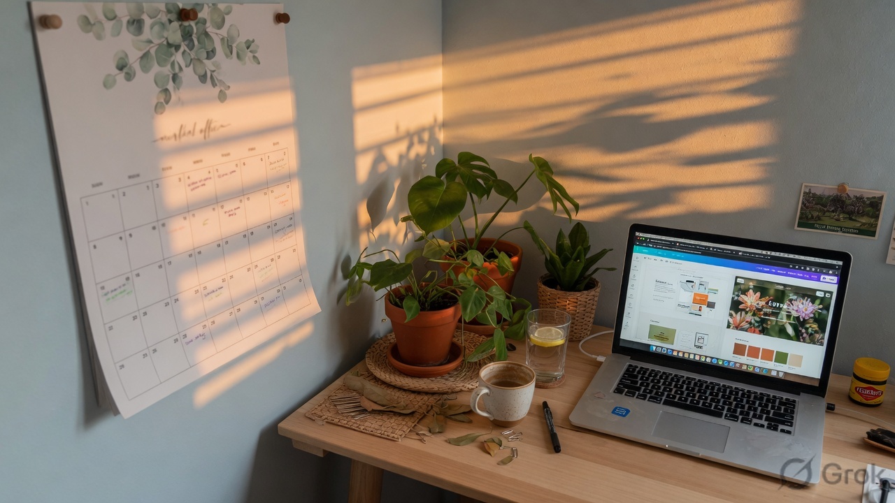 A calendar beside a laptop showing a website in progress in an Australian home office