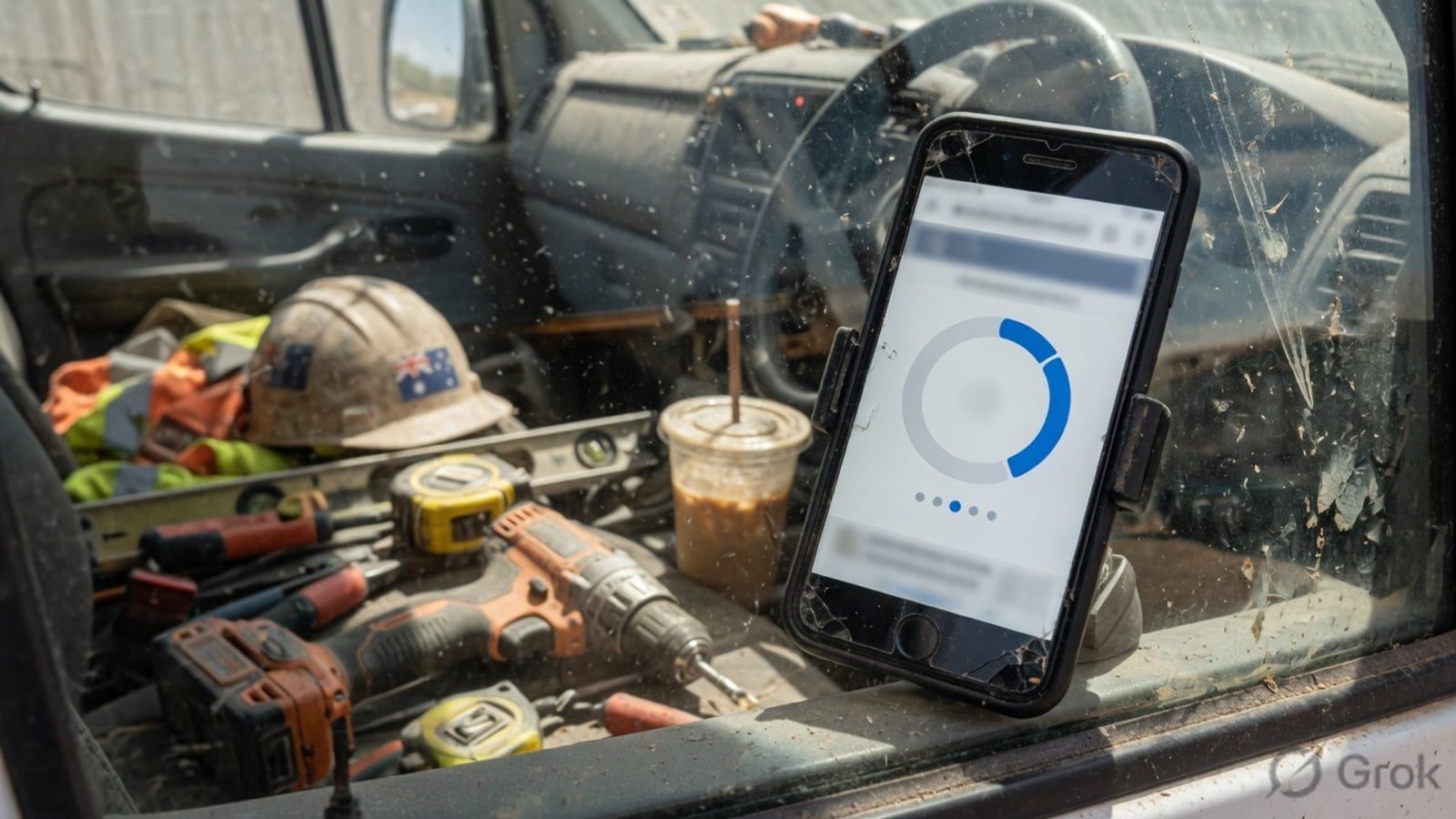 A smartphone in a work van showing a slowly loading website