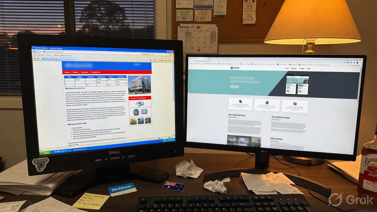 Two monitors showing an old website beside a new layout in an Australian office