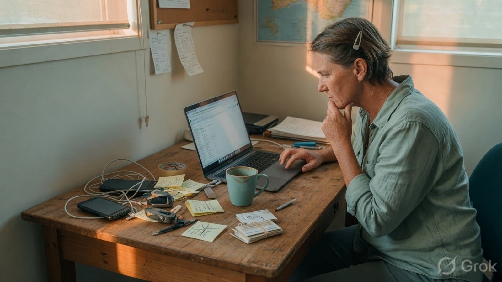 An Australian small-business owner focused on one laptop while unused tools sit unused beside it