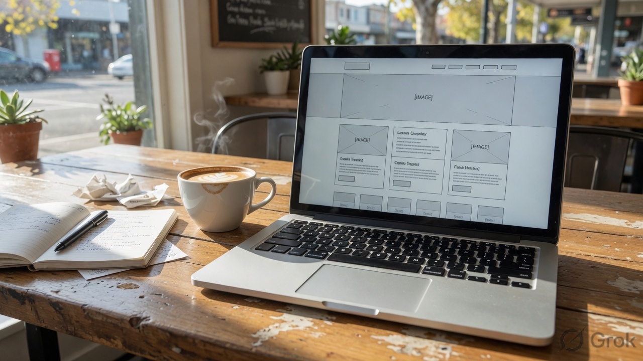 Website wireframes on a laptop in an Australian cafe