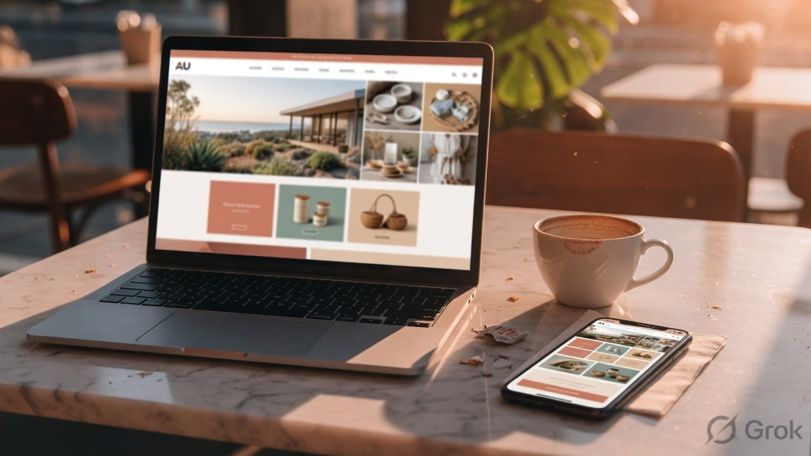 Laptop showing a small-business website on an Australian cafe table