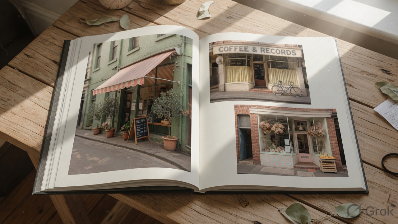 A printed website portfolio book of storefront photography on a timber table